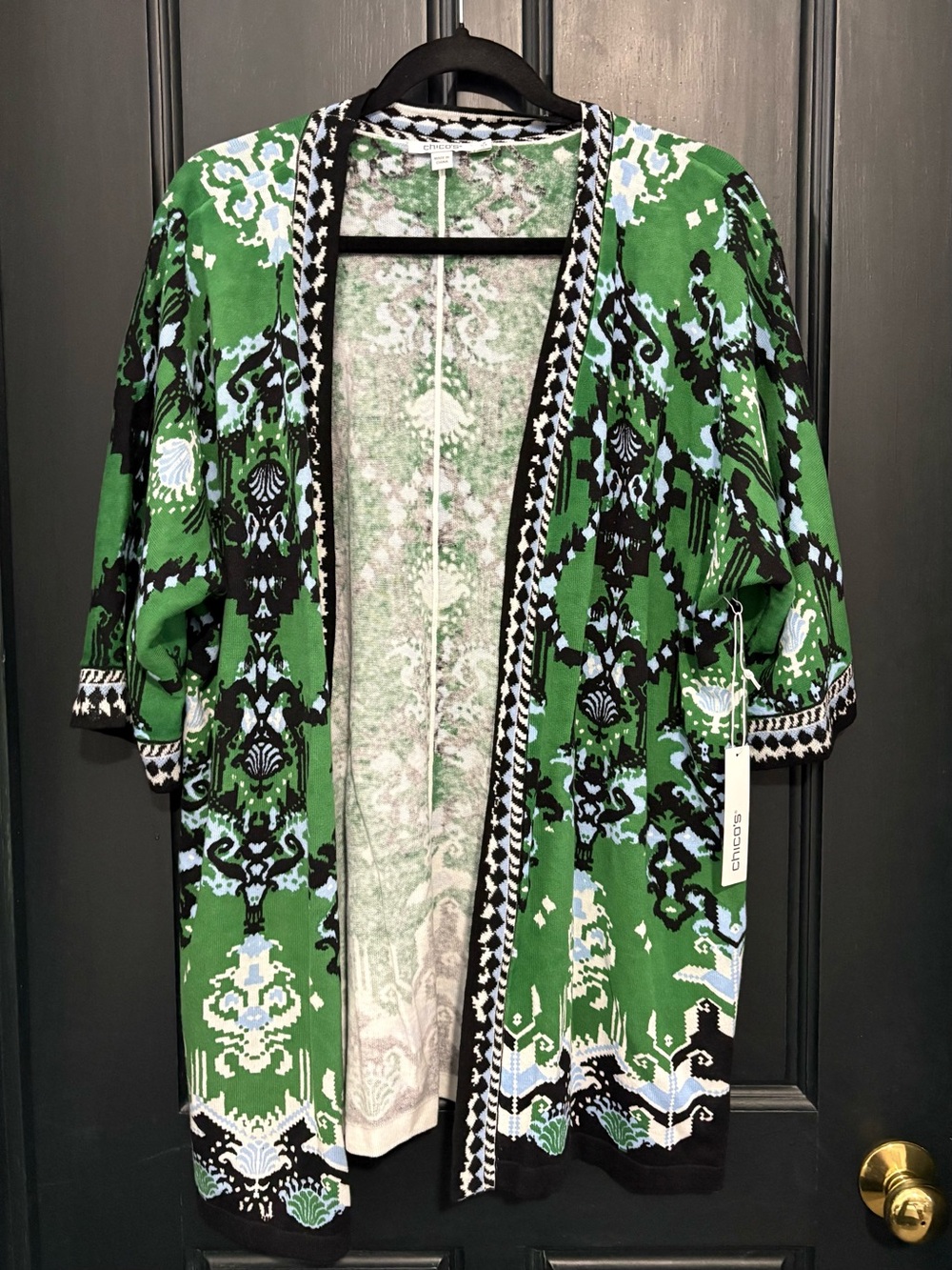 Chico's Green Patterned Open-Front Knit Cardigan with Black Trim